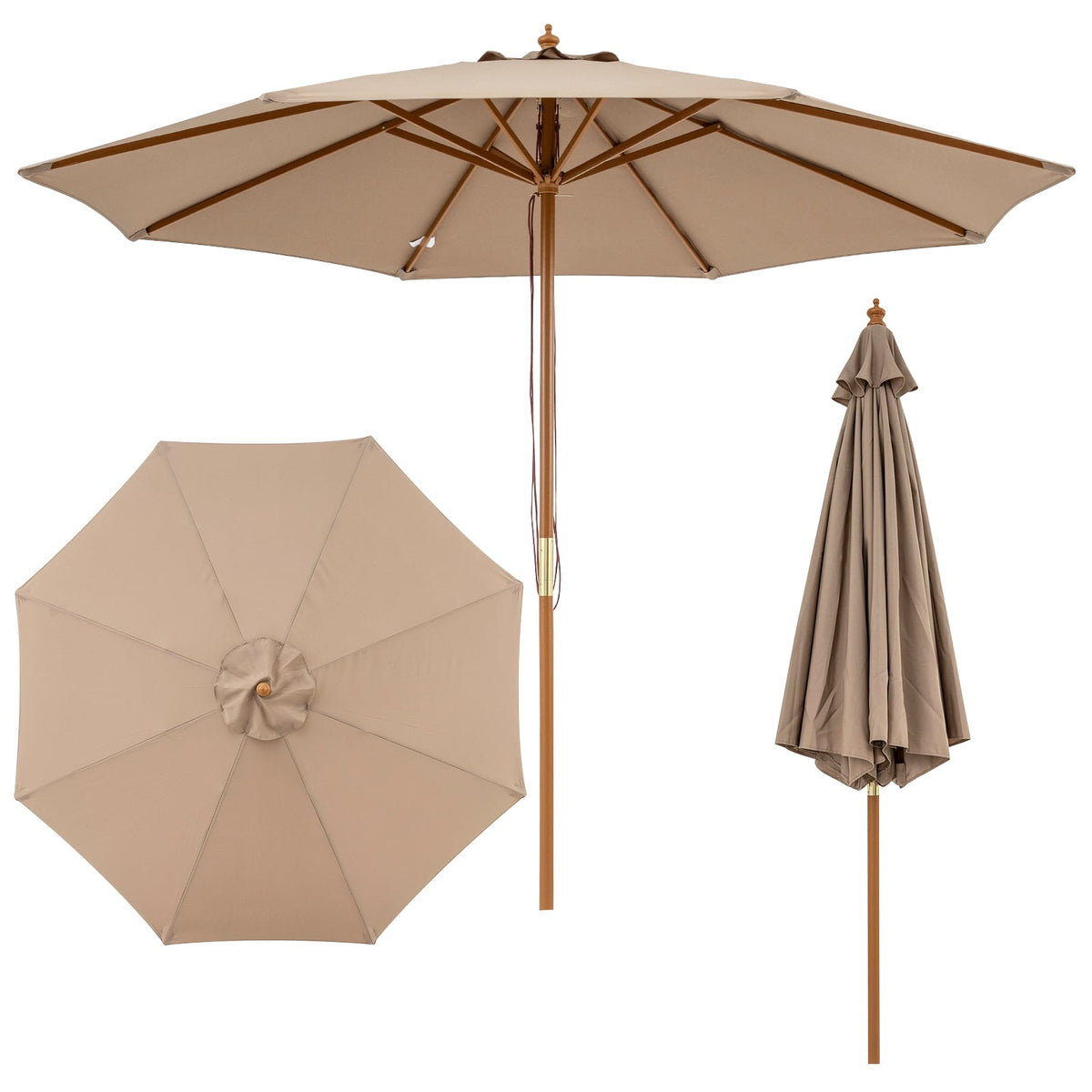 9 FT Patio Umbrella Outdoor Table Market Umbrella with 8 Sturdy Bamboo Ribs-Brown-Outdoor Umbrellas-DECOROLALA