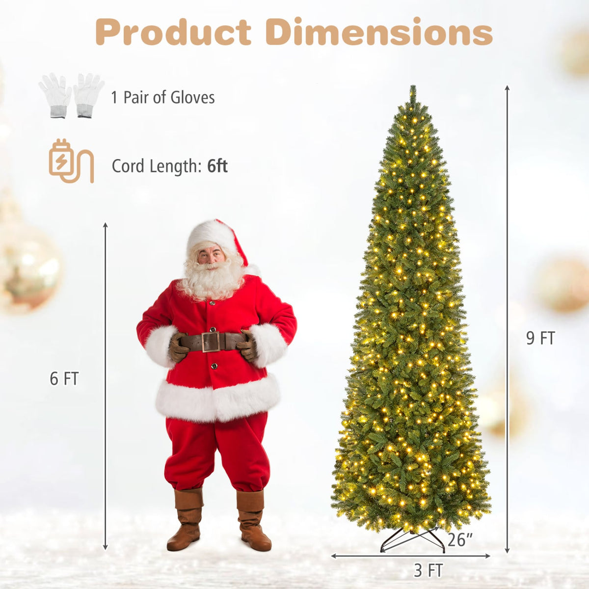 9 FT Pencil Alpine Christmas Tree with 1345 Full Branch Tips and 550 Dual-Color LED Lights-Christmas Trees-DECOROLALA