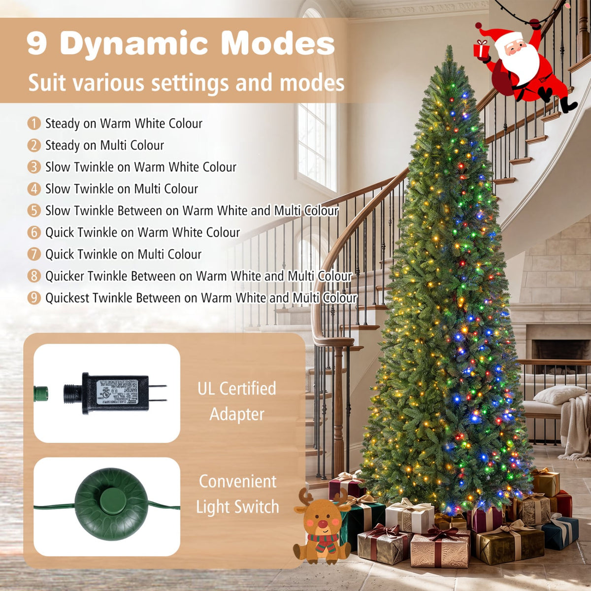 9 FT Pencil Alpine Christmas Tree with 1345 Full Branch Tips and 550 Dual-Color LED Lights-Christmas Trees-DECOROLALA