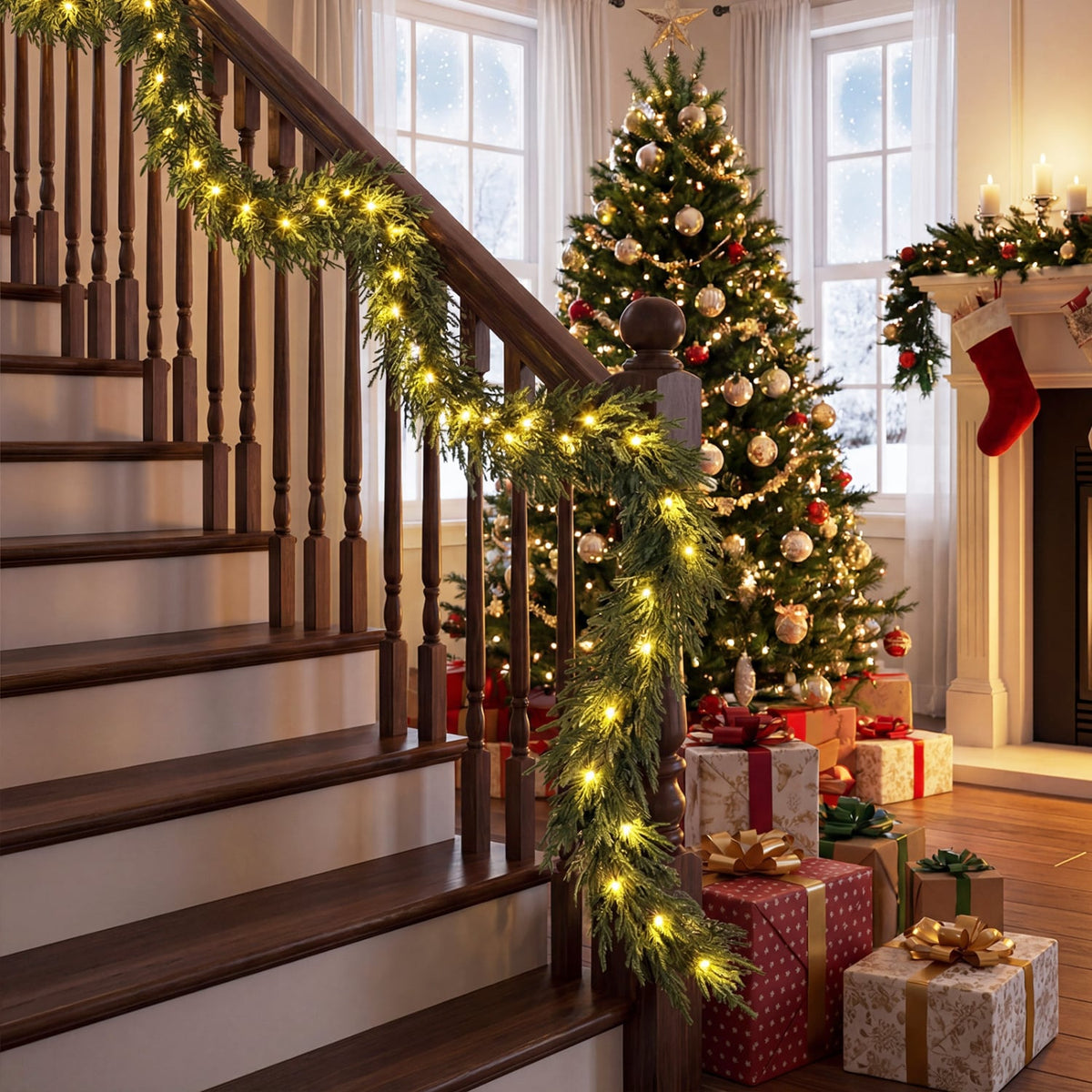 9 FT Pre-lit Artificial Cypress Christmas Garland with 50 Warm White LED Lights and 130 Branch Tips-Christmas Decorations & Accessories-DECOROLALA