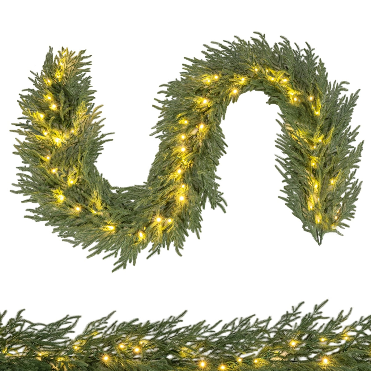 9 FT Pre-lit Artificial Cypress Christmas Garland with 50 Warm White LED Lights and 130 Branch Tips-Christmas Decorations & Accessories-DECOROLALA