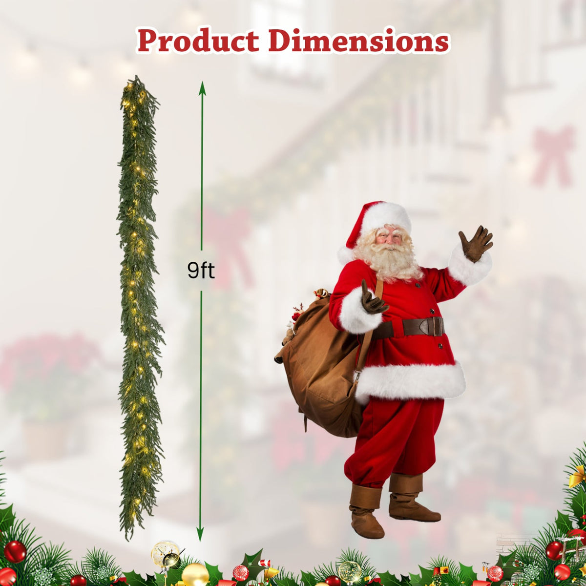 9 FT Pre-lit Artificial Cypress Christmas Garland with 50 Warm White LED Lights and 130 Branch Tips-Christmas Decorations & Accessories-DECOROLALA