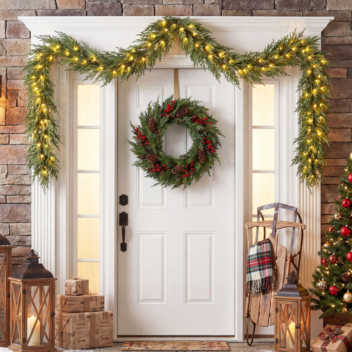 9 FT Pre-lit Artificial Cypress Christmas Garland with 50 Warm White LED Lights and 130 Branch Tips-Christmas Decorations & Accessories-DECOROLALA