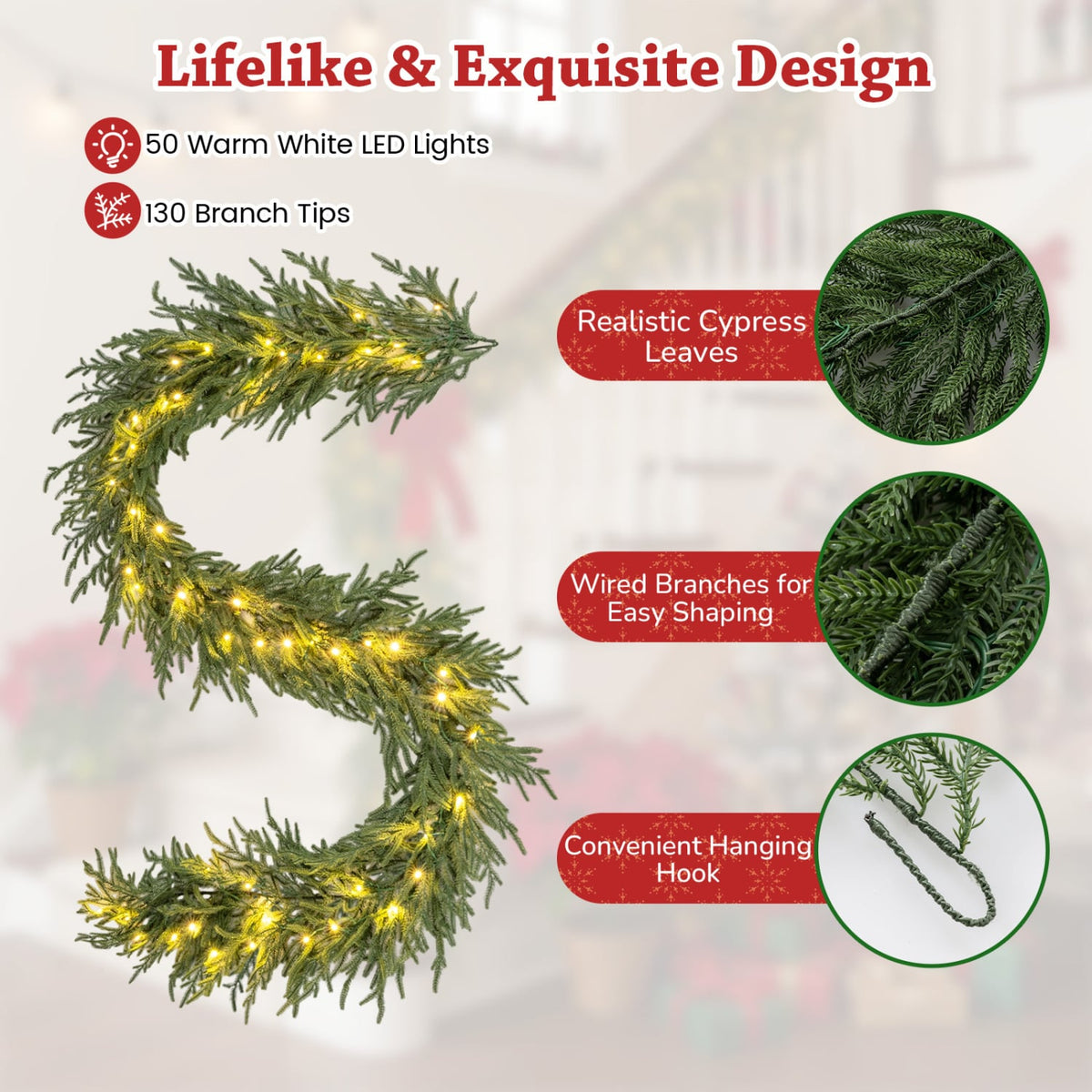 9 FT Pre-lit Artificial Cypress Christmas Garland with 50 Warm White LED Lights and 130 Branch Tips-Christmas Decorations & Accessories-DECOROLALA