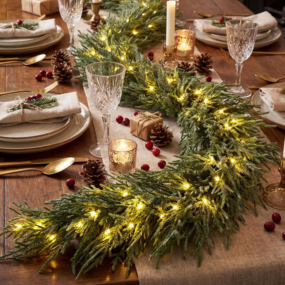 9 FT Pre-lit Artificial Cypress Christmas Garland with 50 Warm White LED Lights and 130 Branch Tips-Christmas Decorations & Accessories-DECOROLALA