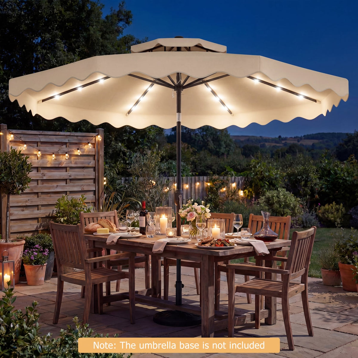 9 FT Solar LED Patio Umbrella Push-Button Tilt and Crank 24 LED Lights and 8 Ribs-Beige-Outdoor Umbrellas-DECOROLALA