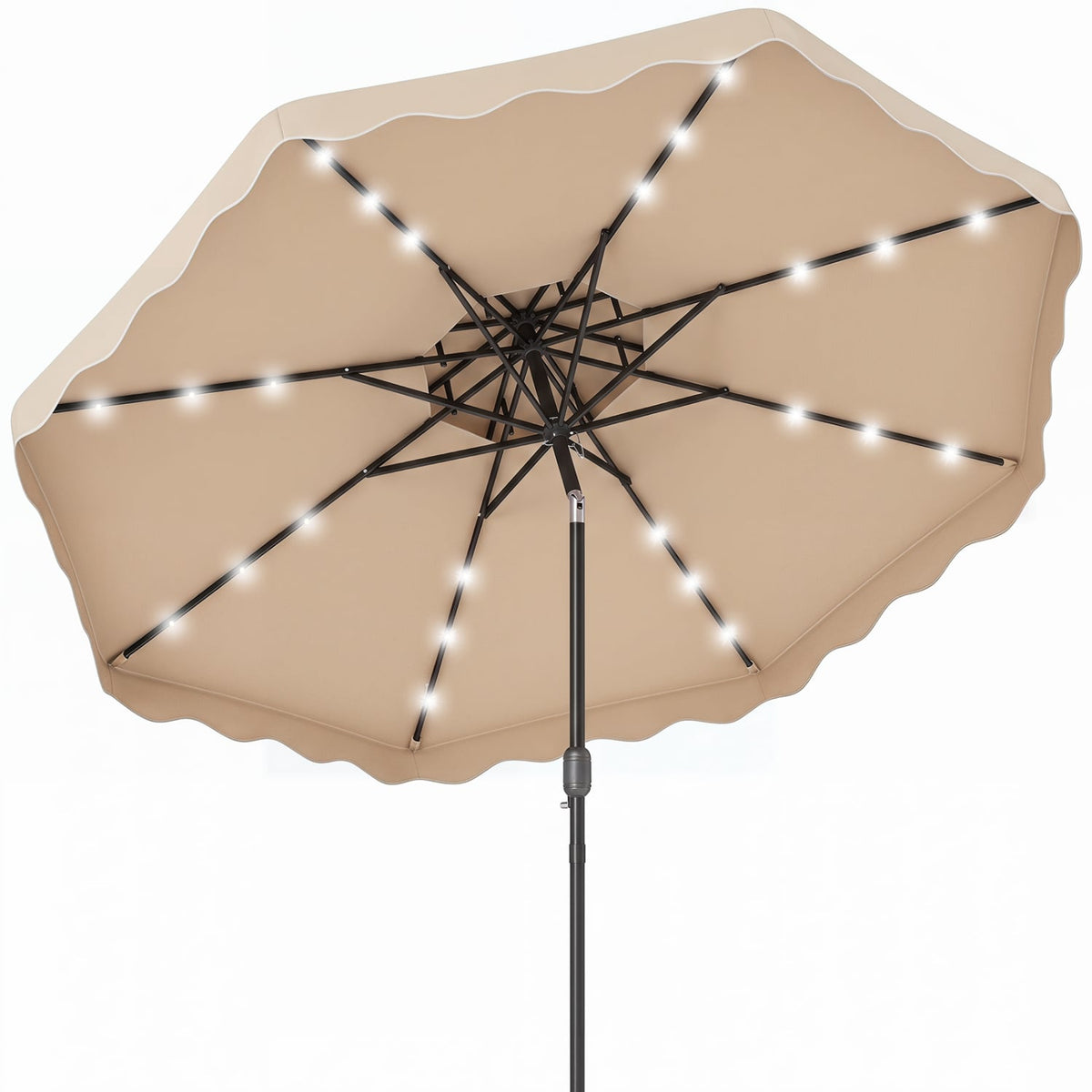 9 FT Solar LED Patio Umbrella Push-Button Tilt and Crank 24 LED Lights and 8 Ribs-Beige-Outdoor Umbrellas-DECOROLALA
