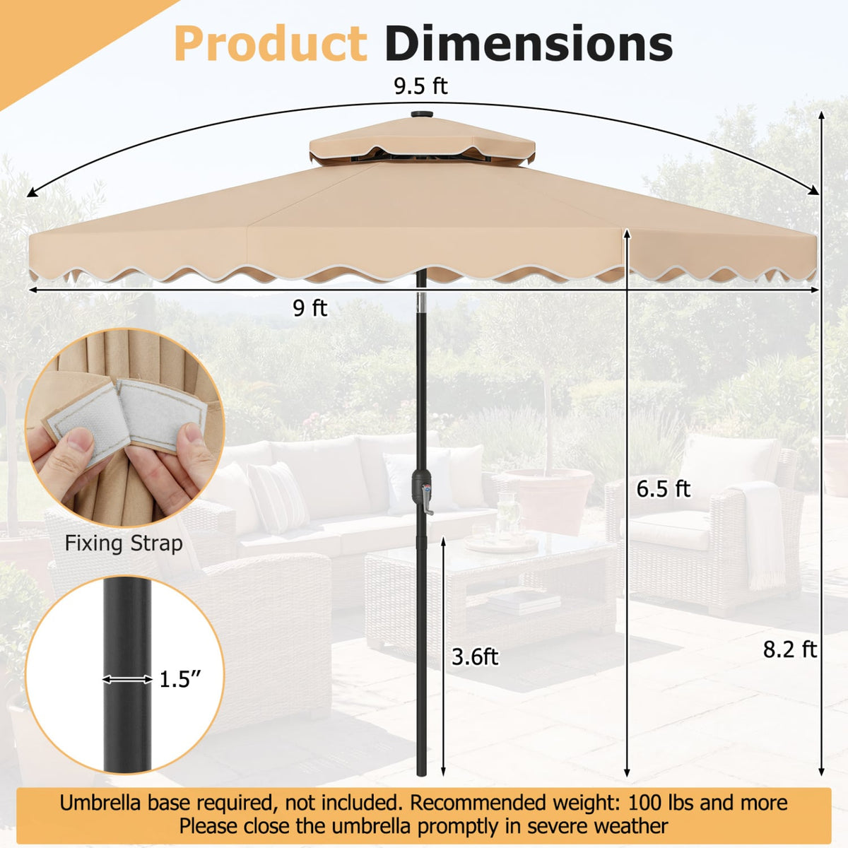 9 FT Solar LED Patio Umbrella Push-Button Tilt and Crank 24 LED Lights and 8 Ribs-Beige-Outdoor Umbrellas-DECOROLALA