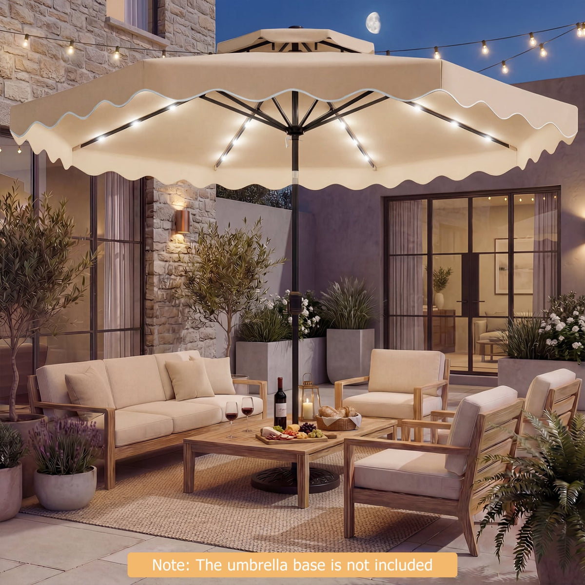 9 FT Solar LED Patio Umbrella Push-Button Tilt and Crank 24 LED Lights and 8 Ribs-Beige-Outdoor Umbrellas-DECOROLALA