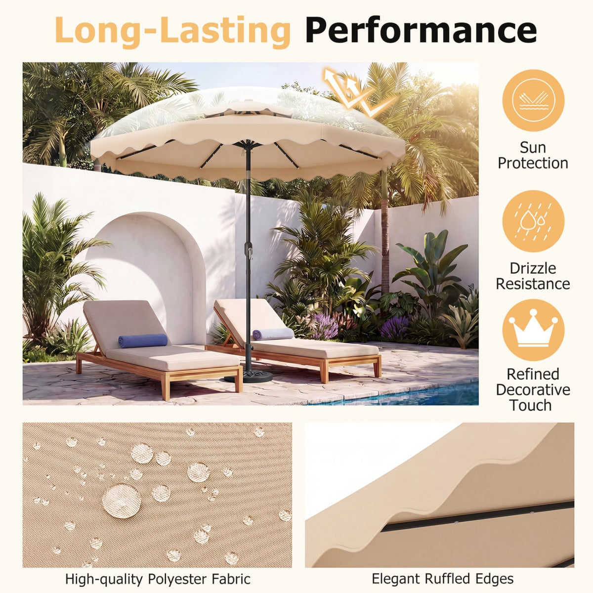 9 FT Solar LED Patio Umbrella Push-Button Tilt and Crank 24 LED Lights and 8 Ribs-Beige-Outdoor Umbrellas-DECOROLALA