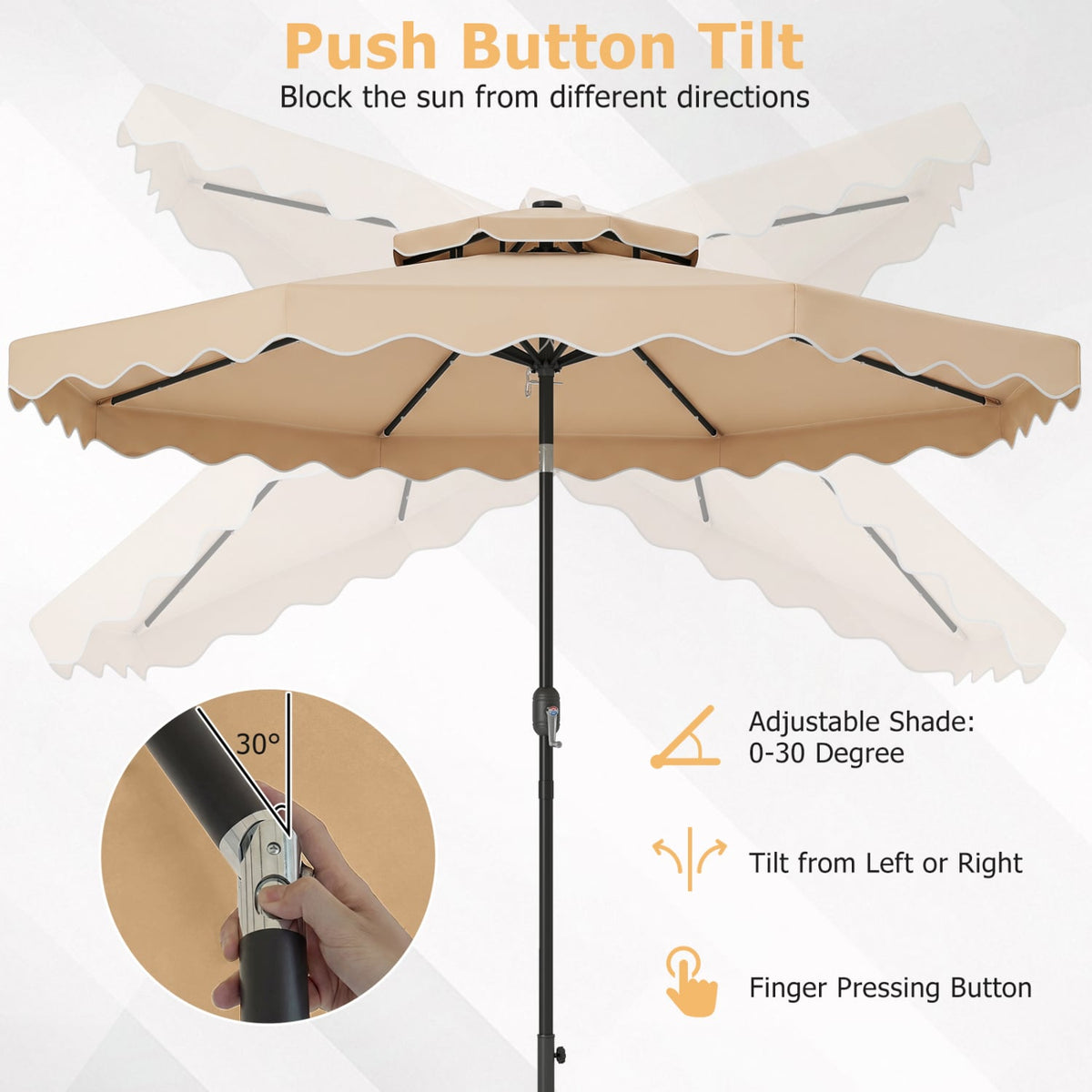 9 FT Solar LED Patio Umbrella Push-Button Tilt and Crank 24 LED Lights and 8 Ribs-Beige-Outdoor Umbrellas-DECOROLALA