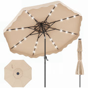 9 FT Solar LED Patio Umbrella Push-Button Tilt and Crank 24 LED Lights and 8 Ribs-Beige-Outdoor Umbrellas-DECOROLALA