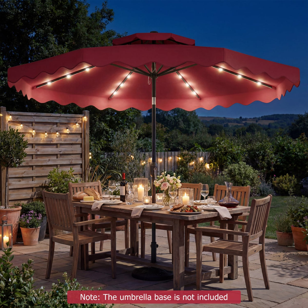 9 FT Solar LED Patio Umbrella Push-Button Tilt and Crank 24 LED Lights and 8 Ribs-Red-Outdoor Umbrellas-DECOROLALA