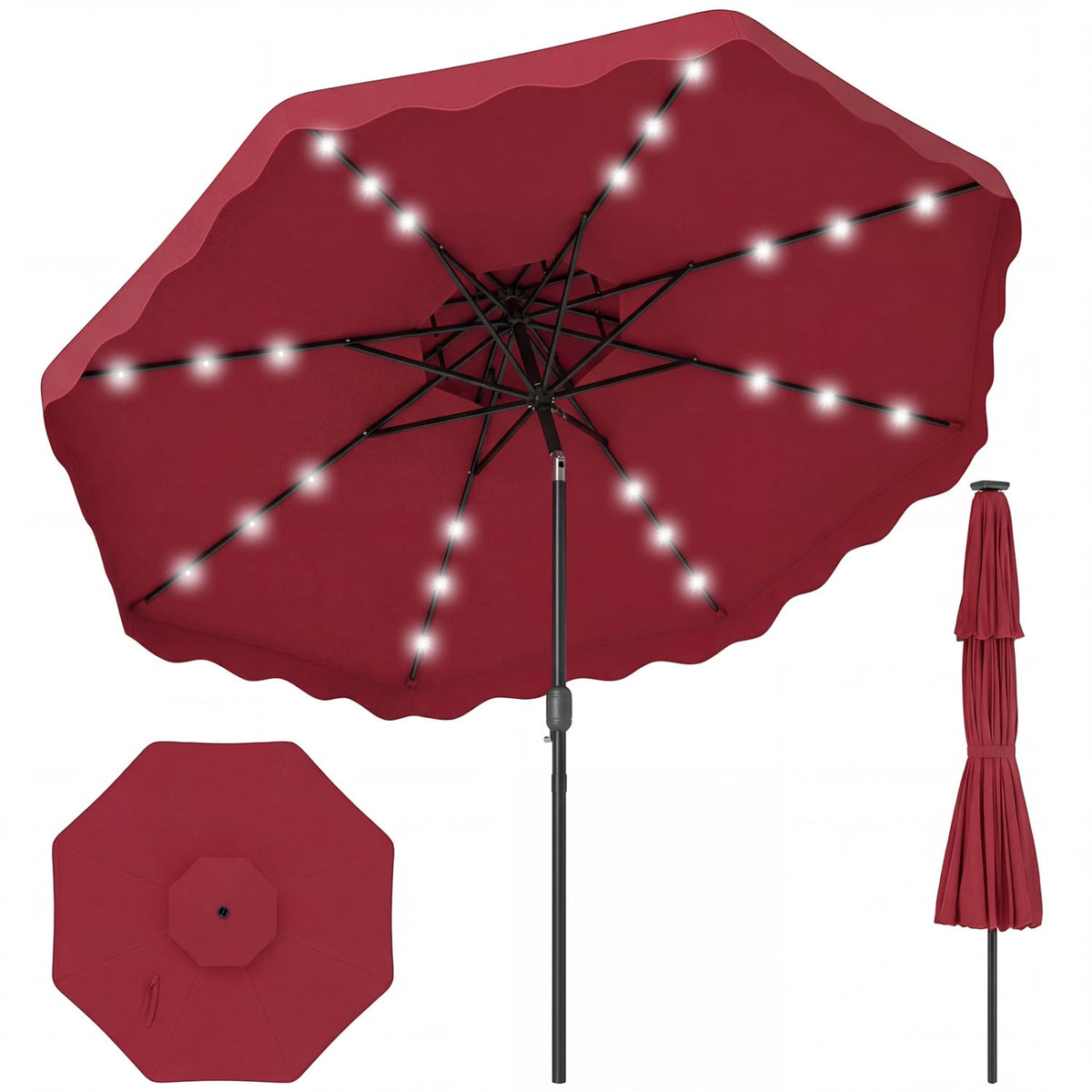 9 FT Solar LED Patio Umbrella Push-Button Tilt and Crank 24 LED Lights and 8 Ribs-Red-Outdoor Umbrellas-DECOROLALA
