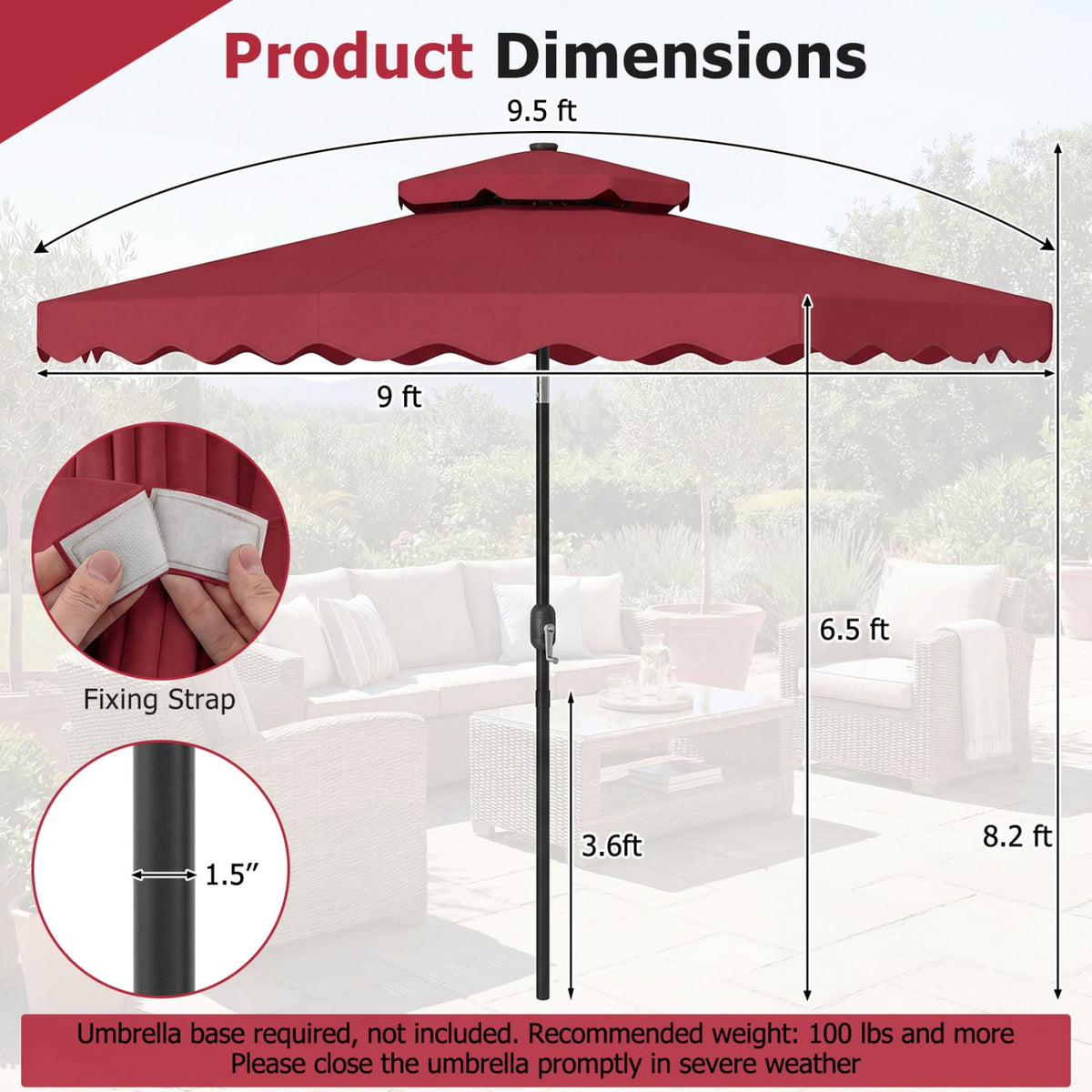 9 FT Solar LED Patio Umbrella Push-Button Tilt and Crank 24 LED Lights and 8 Ribs-Red-Outdoor Umbrellas-DECOROLALA