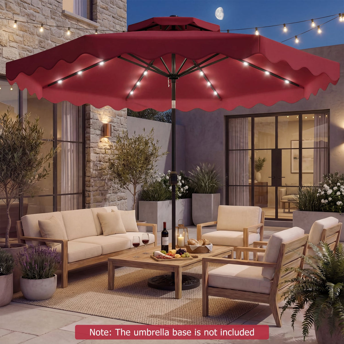 9 FT Solar LED Patio Umbrella Push-Button Tilt and Crank 24 LED Lights and 8 Ribs-Red-Outdoor Umbrellas-DECOROLALA