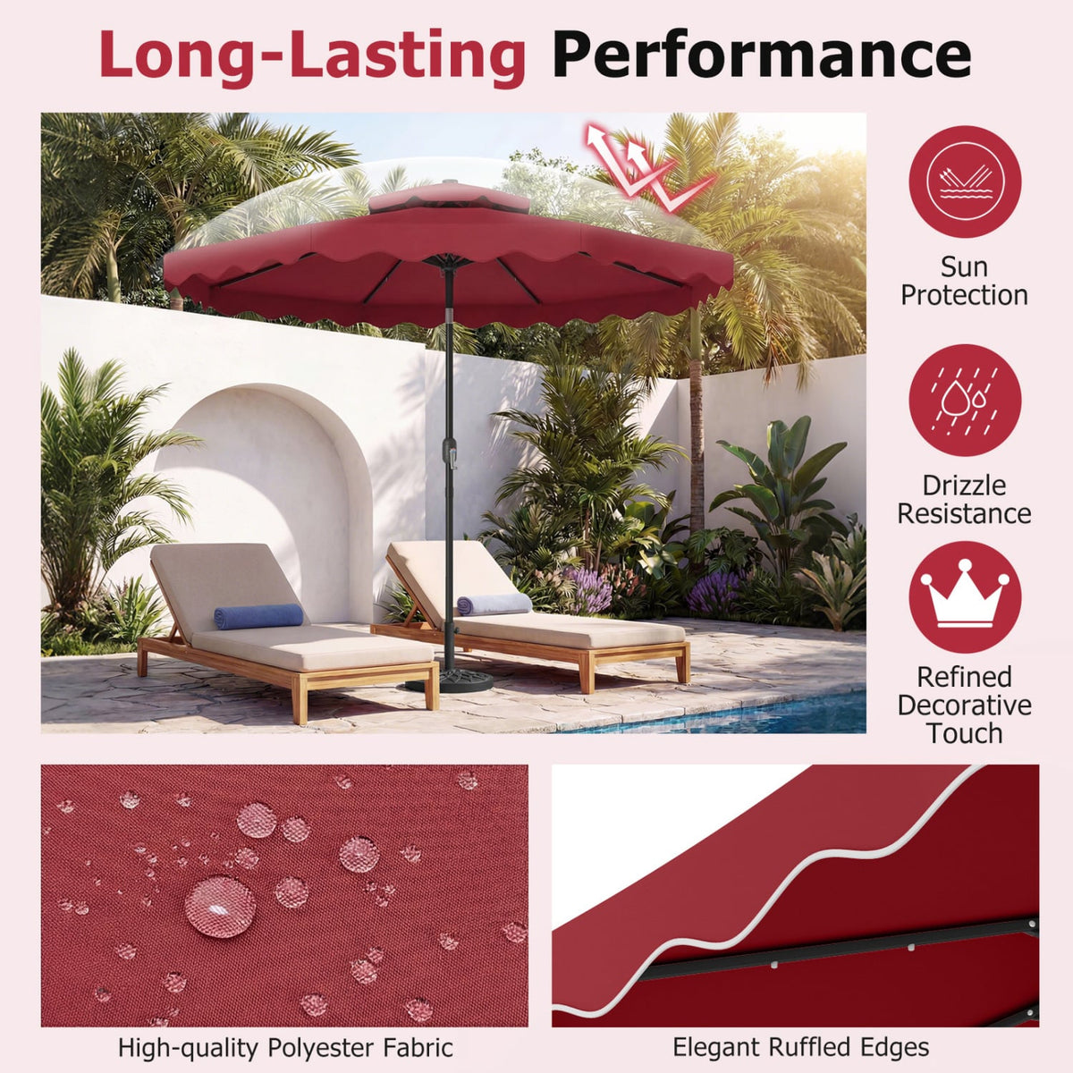 9 FT Solar LED Patio Umbrella Push-Button Tilt and Crank 24 LED Lights and 8 Ribs-Red-Outdoor Umbrellas-DECOROLALA