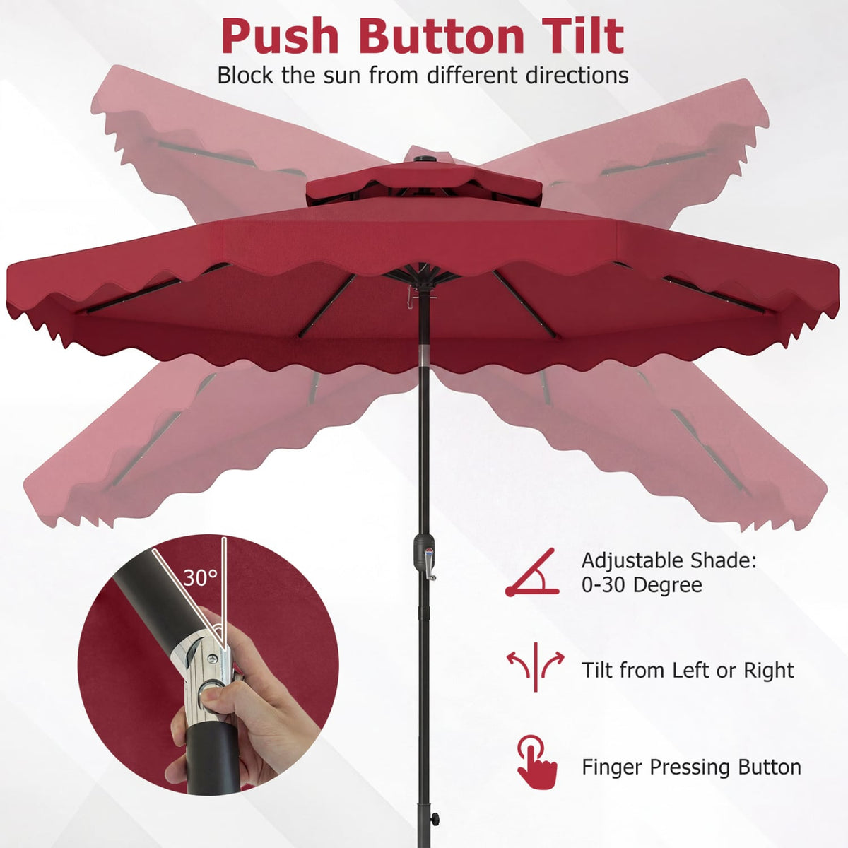 9 FT Solar LED Patio Umbrella Push-Button Tilt and Crank 24 LED Lights and 8 Ribs-Red-Outdoor Umbrellas-DECOROLALA