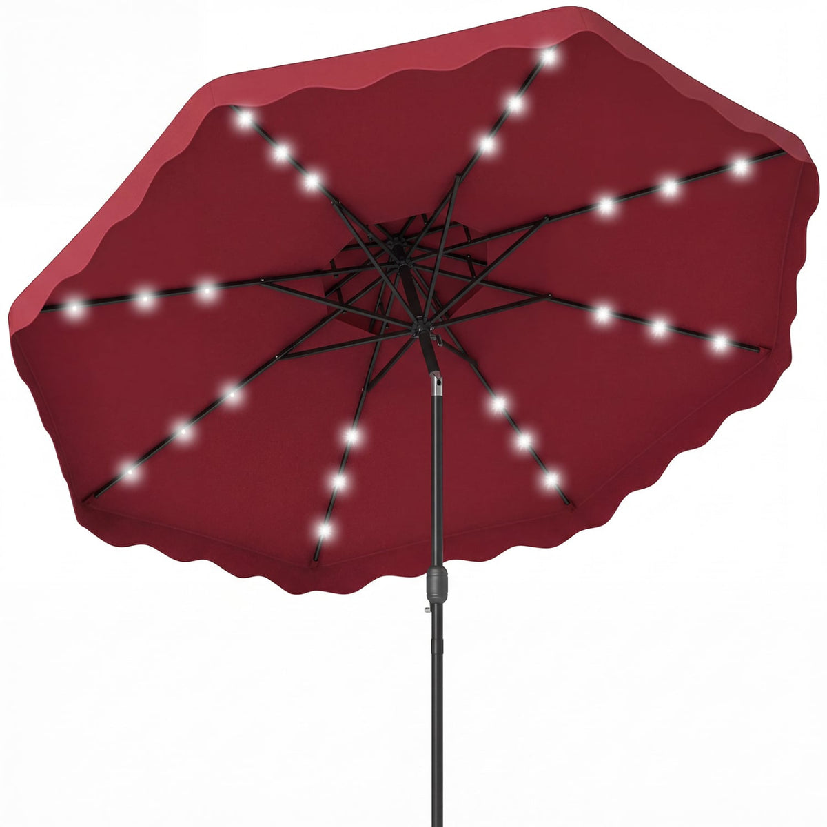 9 FT Solar LED Patio Umbrella Push-Button Tilt and Crank 24 LED Lights and 8 Ribs-Red-Outdoor Umbrellas-DECOROLALA