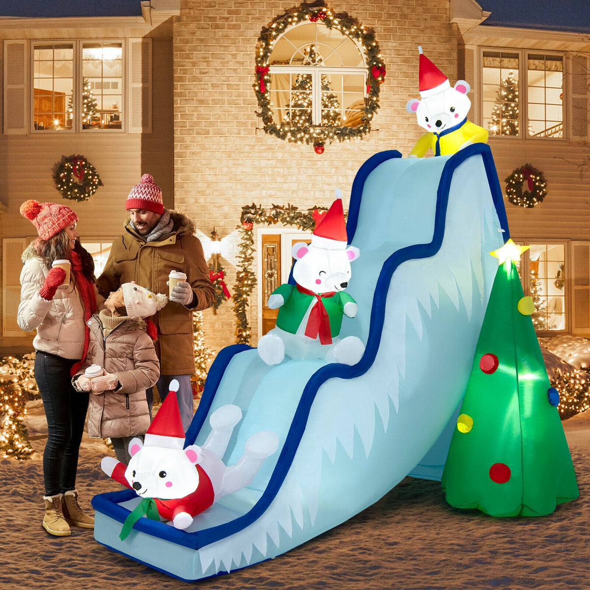 9 Feet Inflatable Polar Bear Slide Scene Decoration with LED Lights-Christmas Inflatables-DECOROLALA