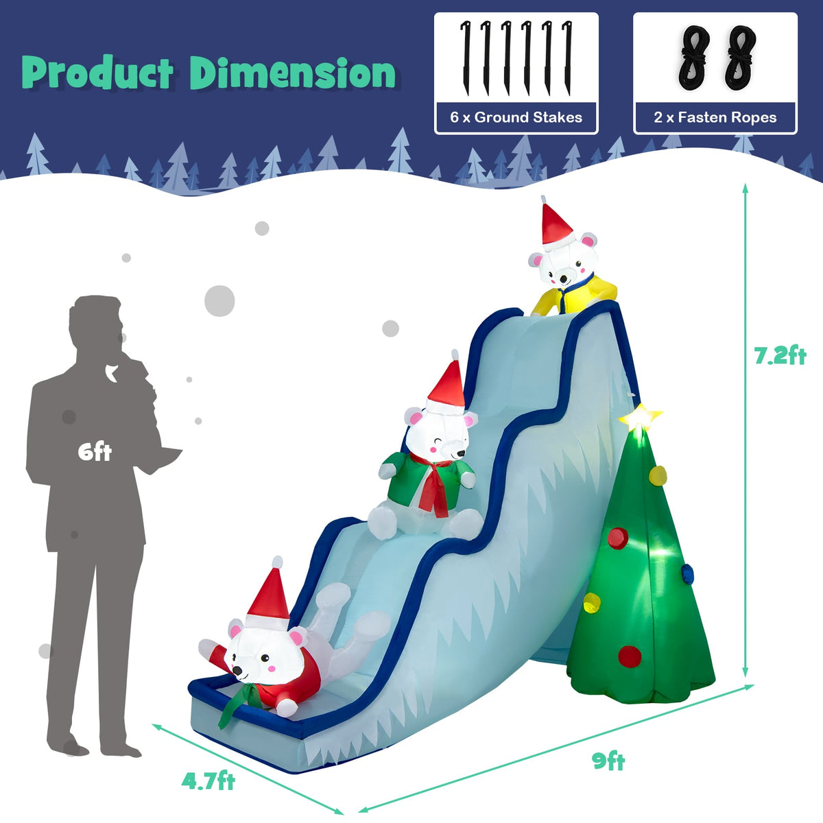 9 Feet Inflatable Polar Bear Slide Scene Decoration with LED Lights-Christmas Inflatables-DECOROLALA