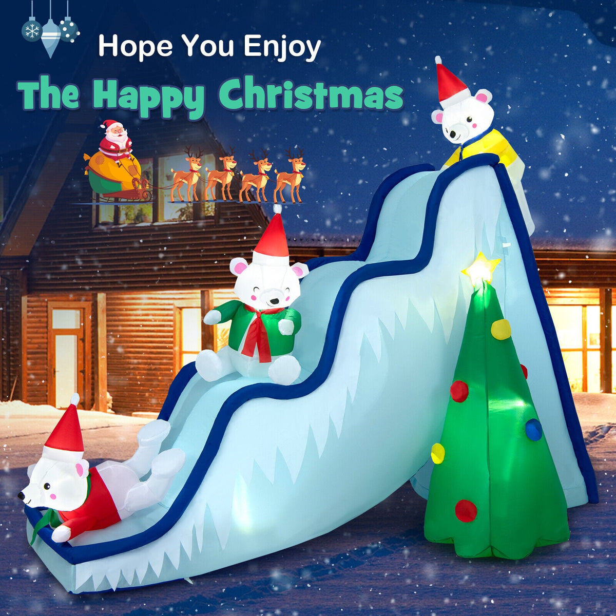 9 Feet Inflatable Polar Bear Slide Scene Decoration with LED Lights-Christmas Inflatables-DECOROLALA