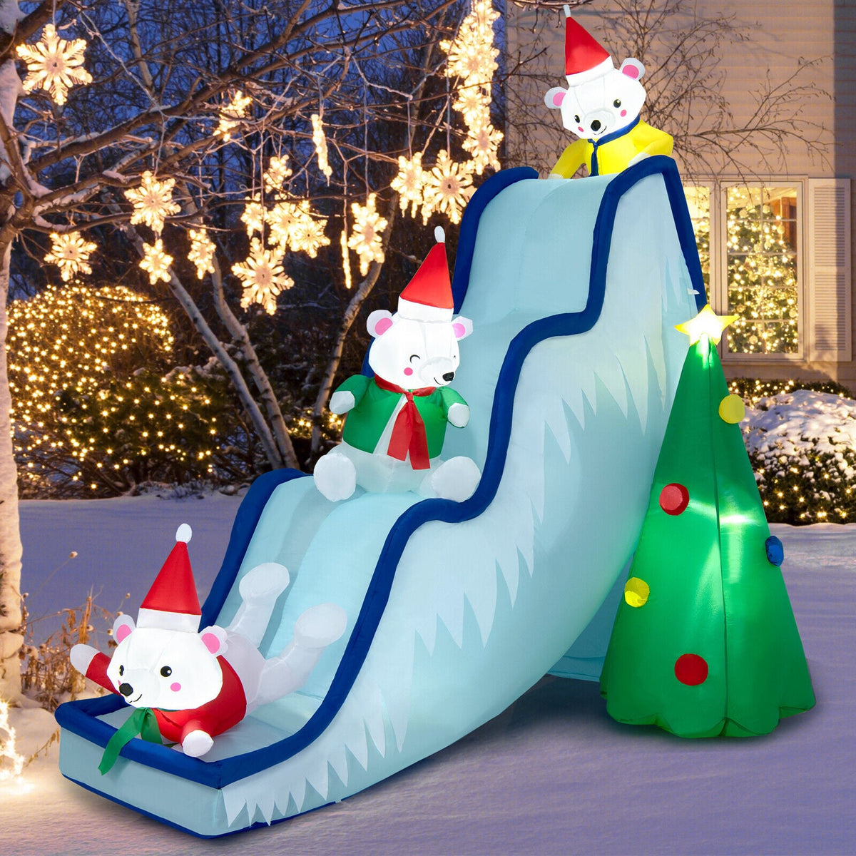 9 Feet Inflatable Polar Bear Slide Scene Decoration with LED Lights-Christmas Inflatables-DECOROLALA