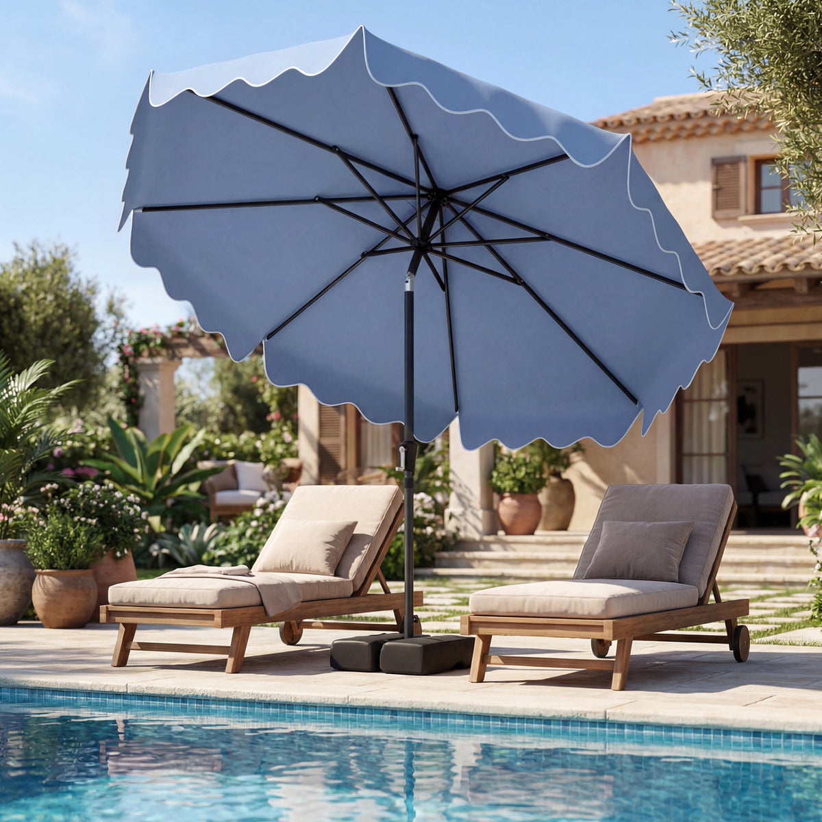 9 Feet Patio Umbrella with Weighted Base and Sandbags-Blue-Outdoor Umbrellas-DECOROLALA