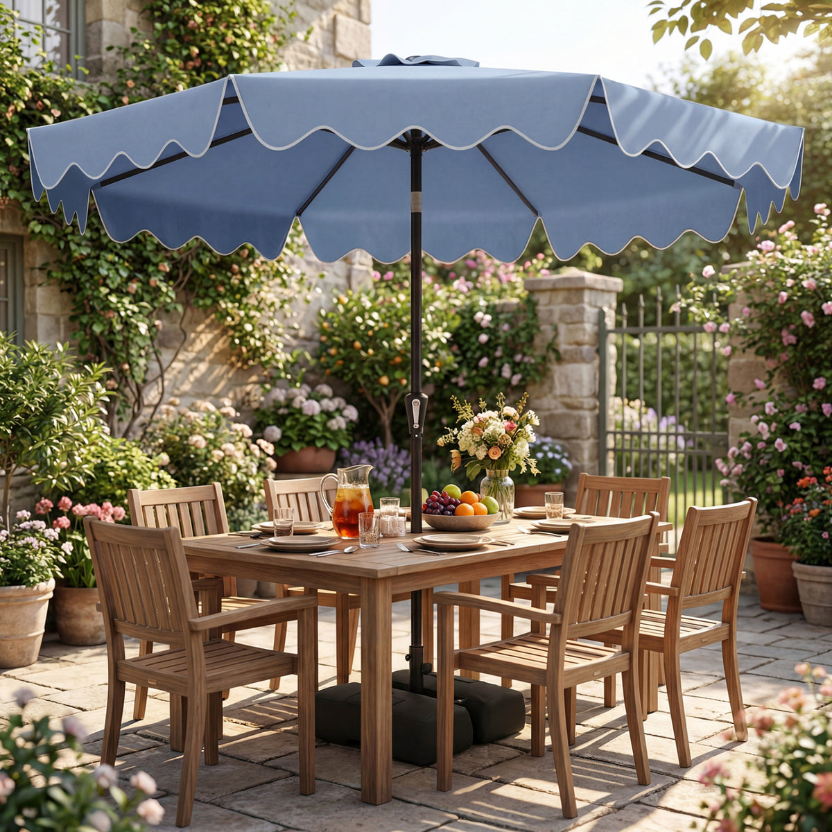9 Feet Patio Umbrella with Weighted Base and Sandbags-Blue-Outdoor Umbrellas-DECOROLALA