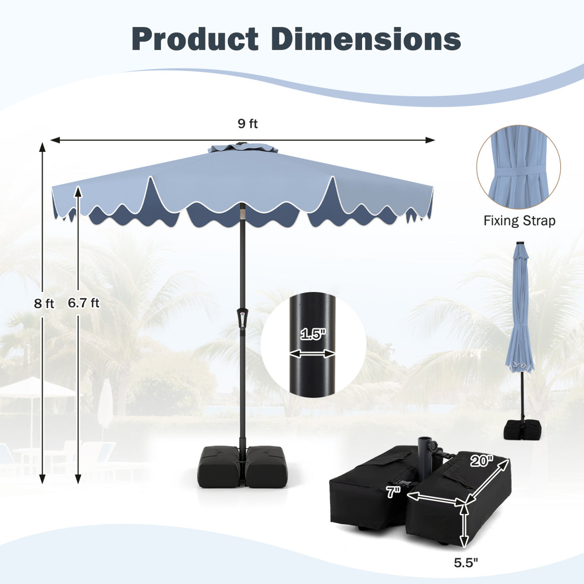 9 Feet Patio Umbrella with Weighted Base and Sandbags-Blue-Outdoor Umbrellas-DECOROLALA