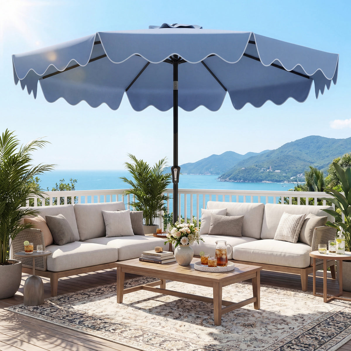 9 Feet Patio Umbrella with Weighted Base and Sandbags-Blue-Outdoor Umbrellas-DECOROLALA