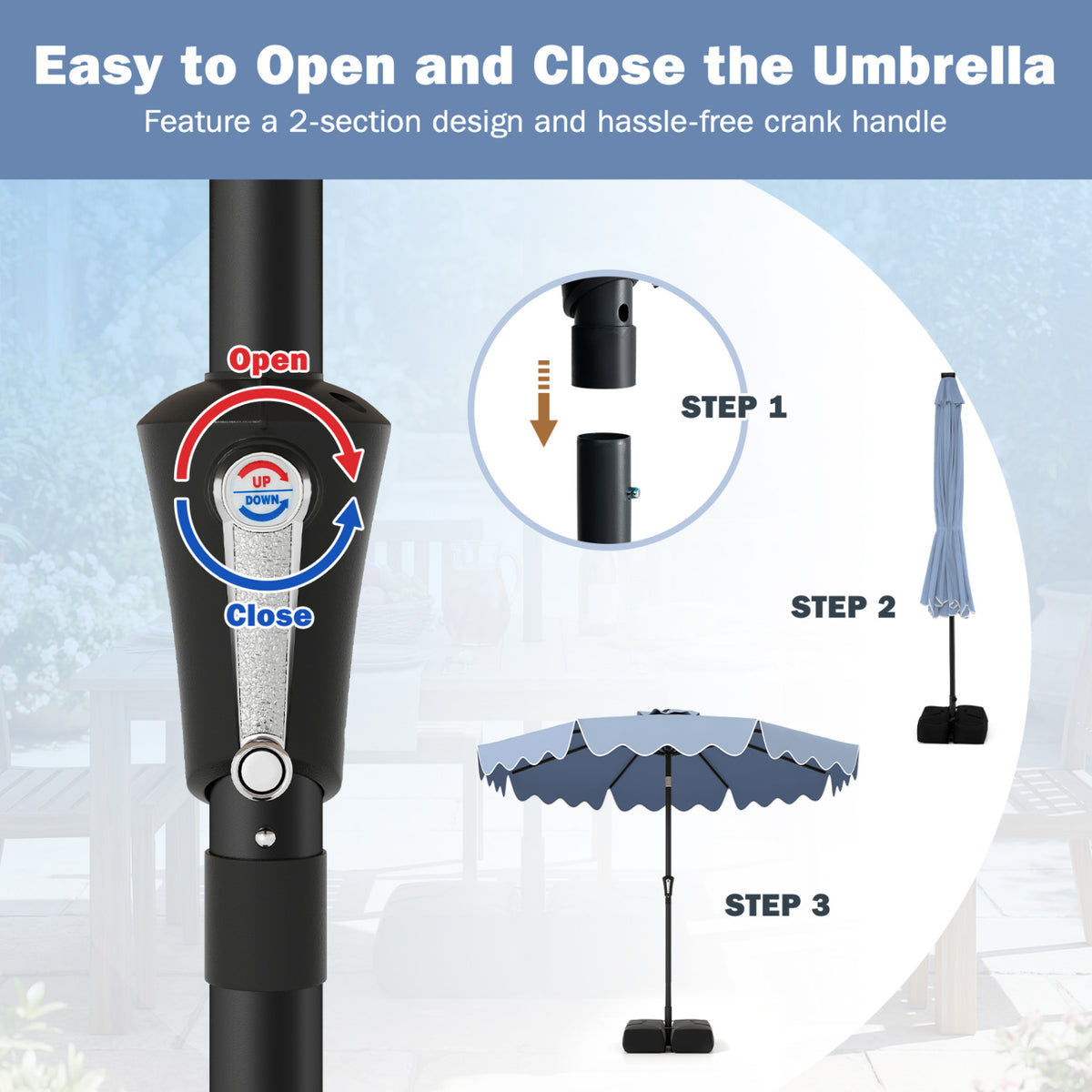 9 Feet Patio Umbrella with Weighted Base and Sandbags-Blue-Outdoor Umbrellas-DECOROLALA