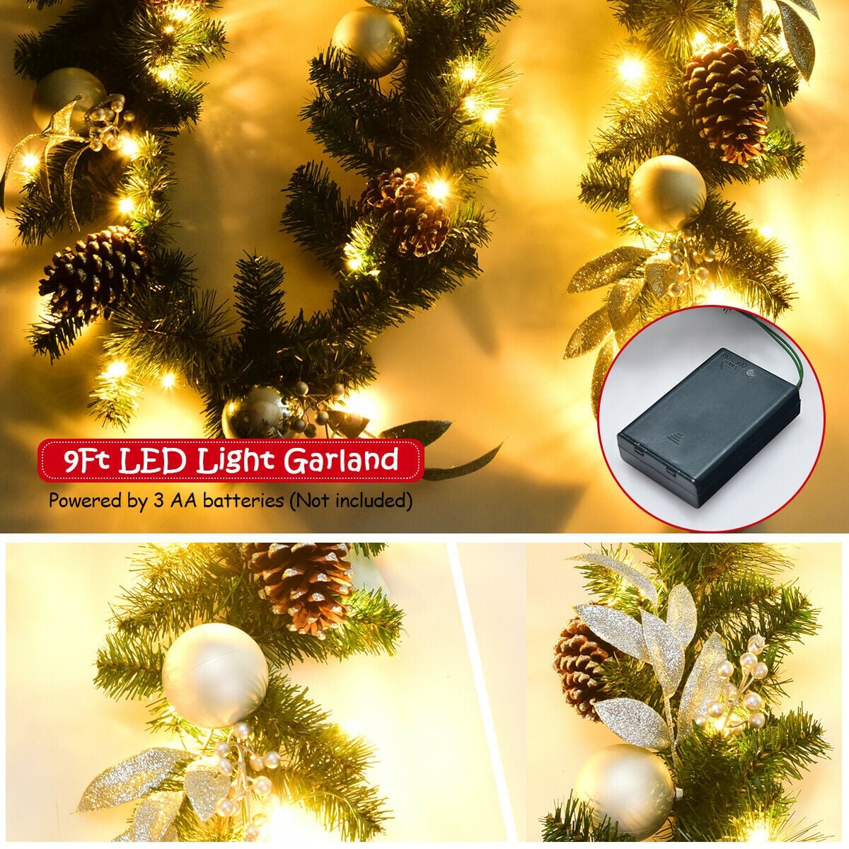 9 Feet Pre-Lit Artificial Christmas Garland with LED Lights-Christmas Decorations & Accessories-DECOROLALA