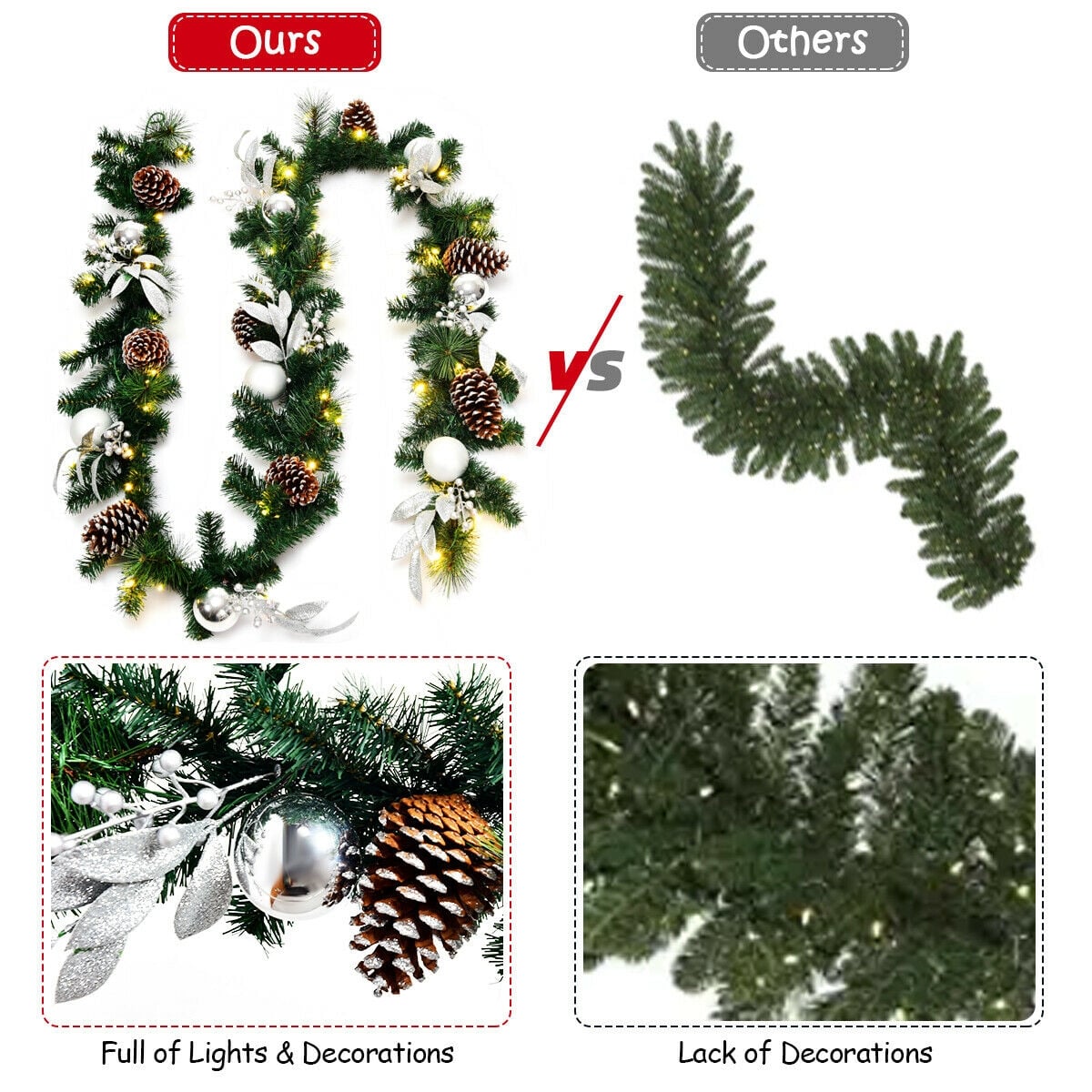 9 Feet Pre-Lit Artificial Christmas Garland with LED Lights-Christmas Decorations & Accessories-DECOROLALA