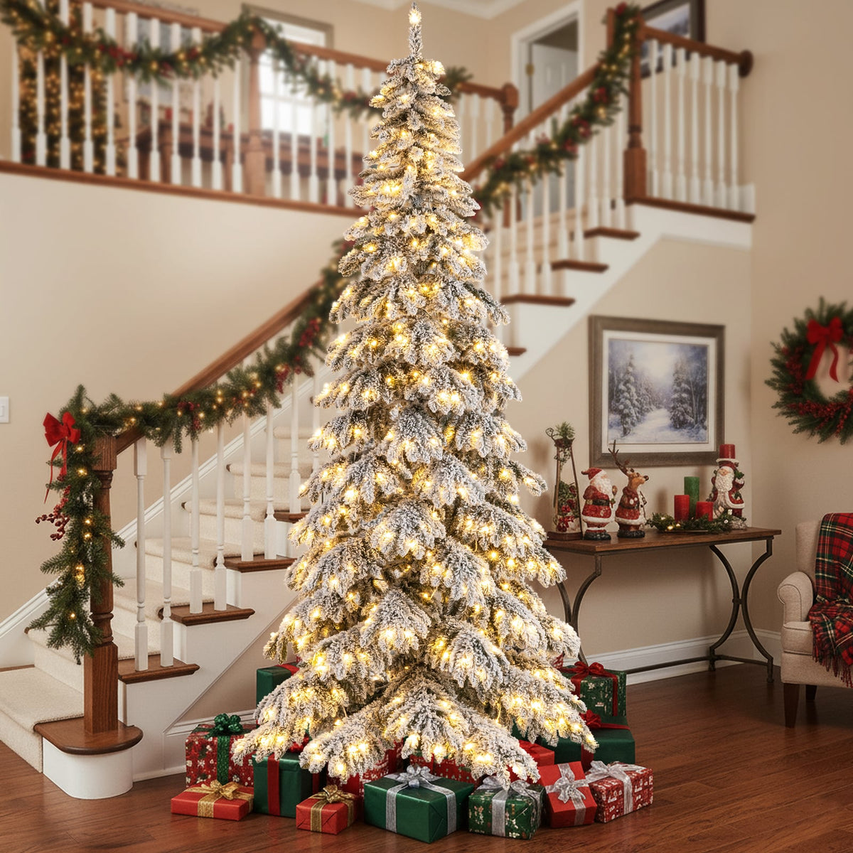 9 Feet Pre-Lit Artificial Xmas Tree Hinged Xmas Tree with Quick Power Connectors-Christmas Trees-DECOROLALA