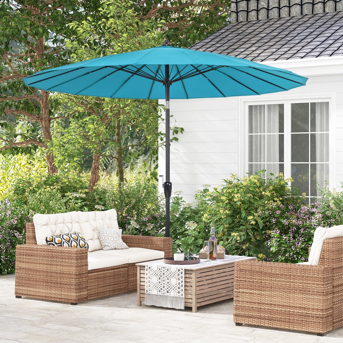 9 Feet Round Patio Umbrella with 18 Fiberglass Ribs-Turquoise-Outdoor Umbrellas-DECOROLALA