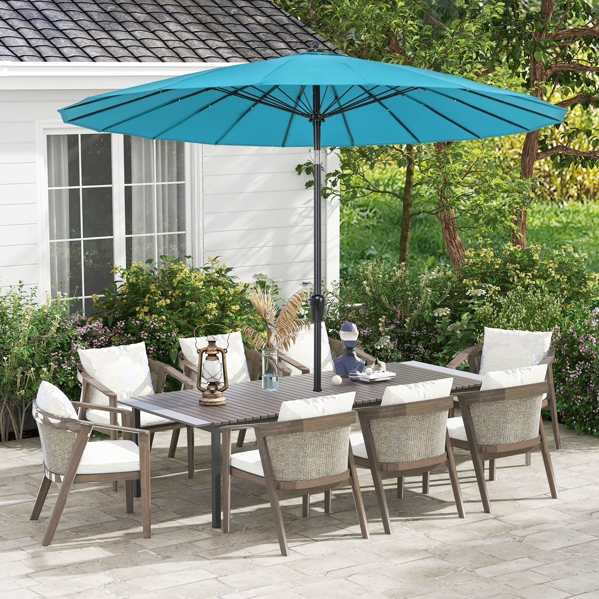 9 Feet Round Patio Umbrella with 18 Fiberglass Ribs-Turquoise-Outdoor Umbrellas-DECOROLALA