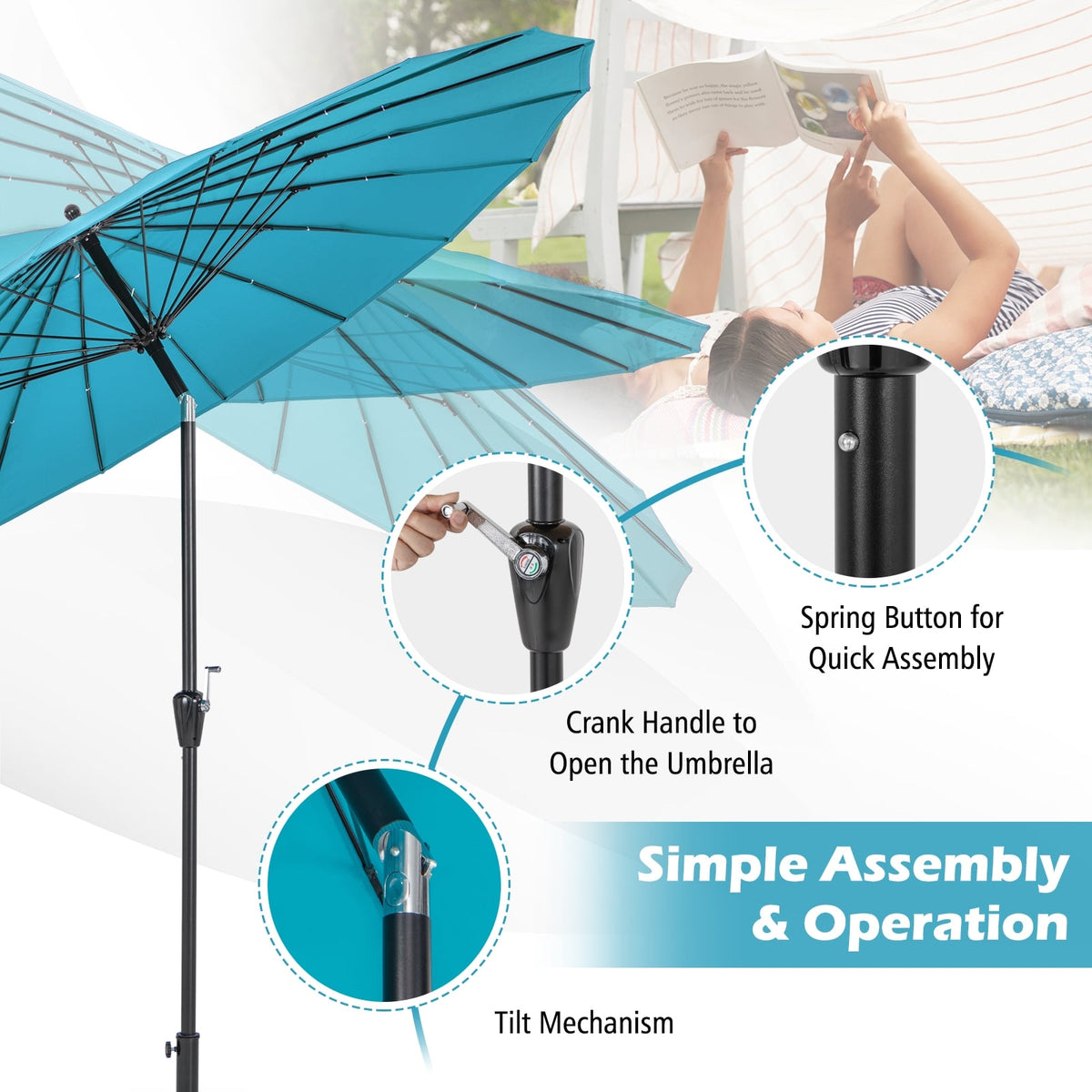 9 Feet Round Patio Umbrella with 18 Fiberglass Ribs-Turquoise-Outdoor Umbrellas-DECOROLALA