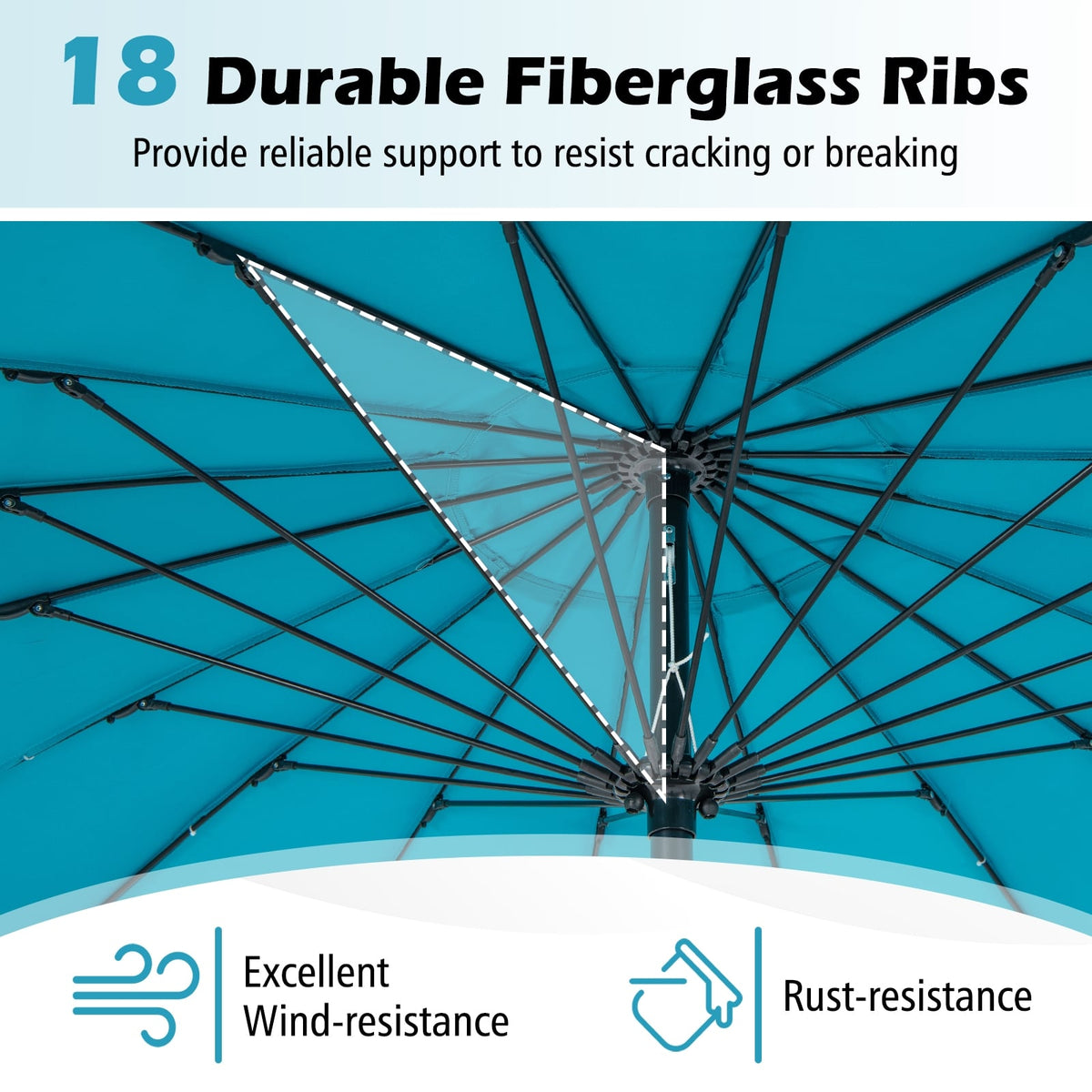 9 Feet Round Patio Umbrella with 18 Fiberglass Ribs-Turquoise-Outdoor Umbrellas-DECOROLALA