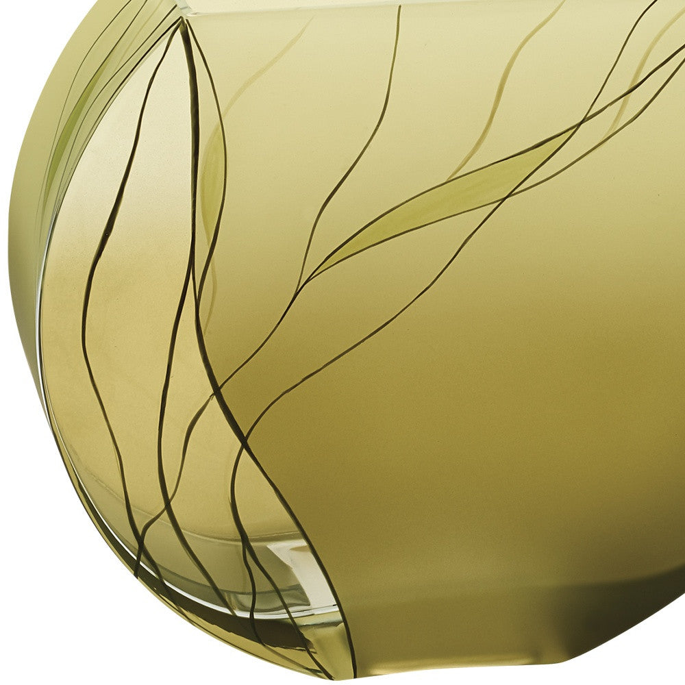 9" Green Round Crystal Glass Table Vase With Sculptural Details-Vases-DECOROLALA