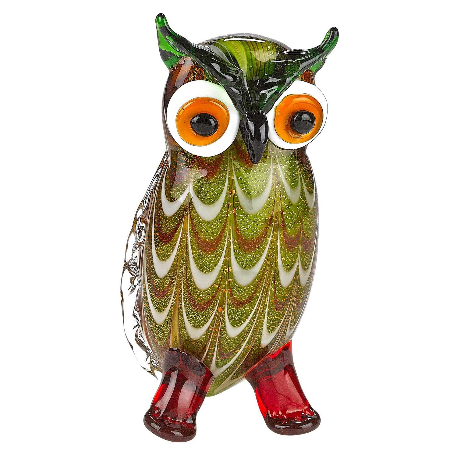 9" Green and White Murano Glass Owl Figurine Tabletop Sculpture-Sculptures-DECOROLALA