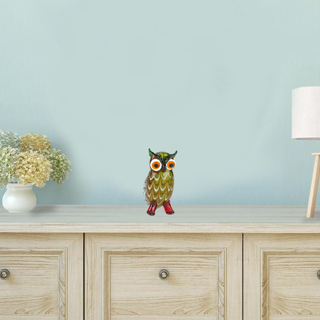 9" Green and White Murano Glass Owl Figurine Tabletop Sculpture-Sculptures-DECOROLALA