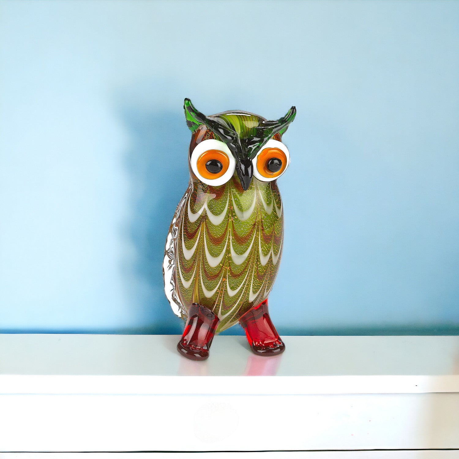 9" Green and White Murano Glass Owl Figurine Tabletop Sculpture-Sculptures-DECOROLALA
