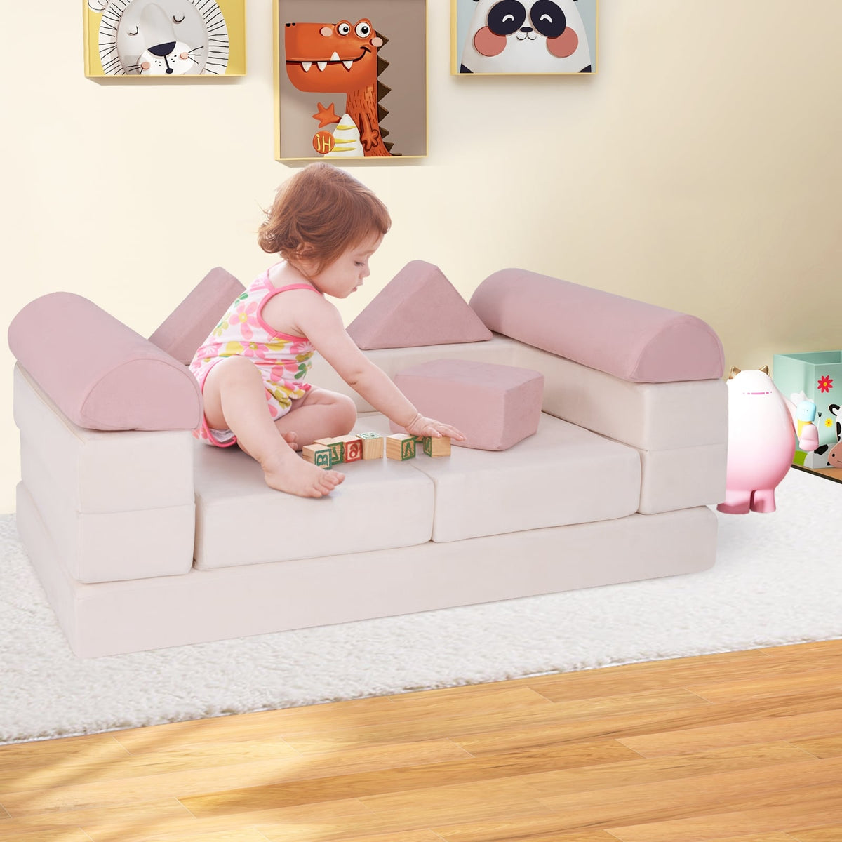 9-Piece Climb and Crawl Foam and Floor Playset with Breathable Suede Fabric-Pink-Baby Gyms & Playmats-DECOROLALA