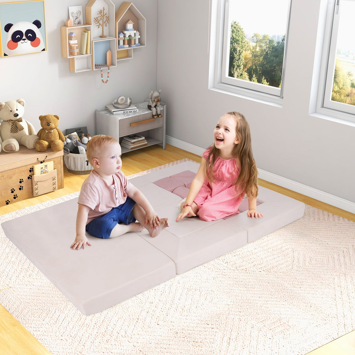 9-Piece Climb and Crawl Foam and Floor Playset with Breathable Suede Fabric-Pink-Baby Gyms & Playmats-DECOROLALA