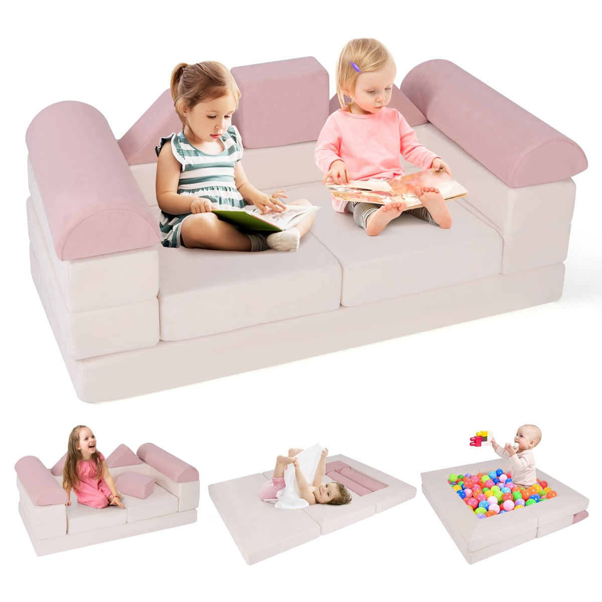 9-Piece Climb and Crawl Foam and Floor Playset with Breathable Suede Fabric-Pink-Baby Gyms & Playmats-DECOROLALA