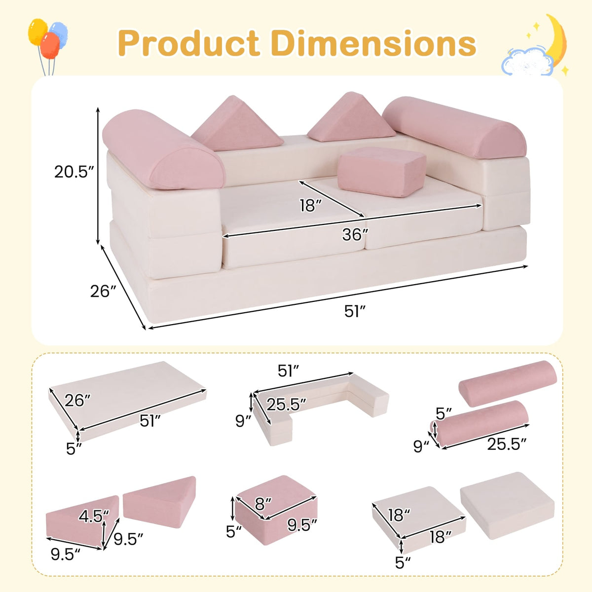 9-Piece Climb and Crawl Foam and Floor Playset with Breathable Suede Fabric-Pink-Baby Gyms & Playmats-DECOROLALA