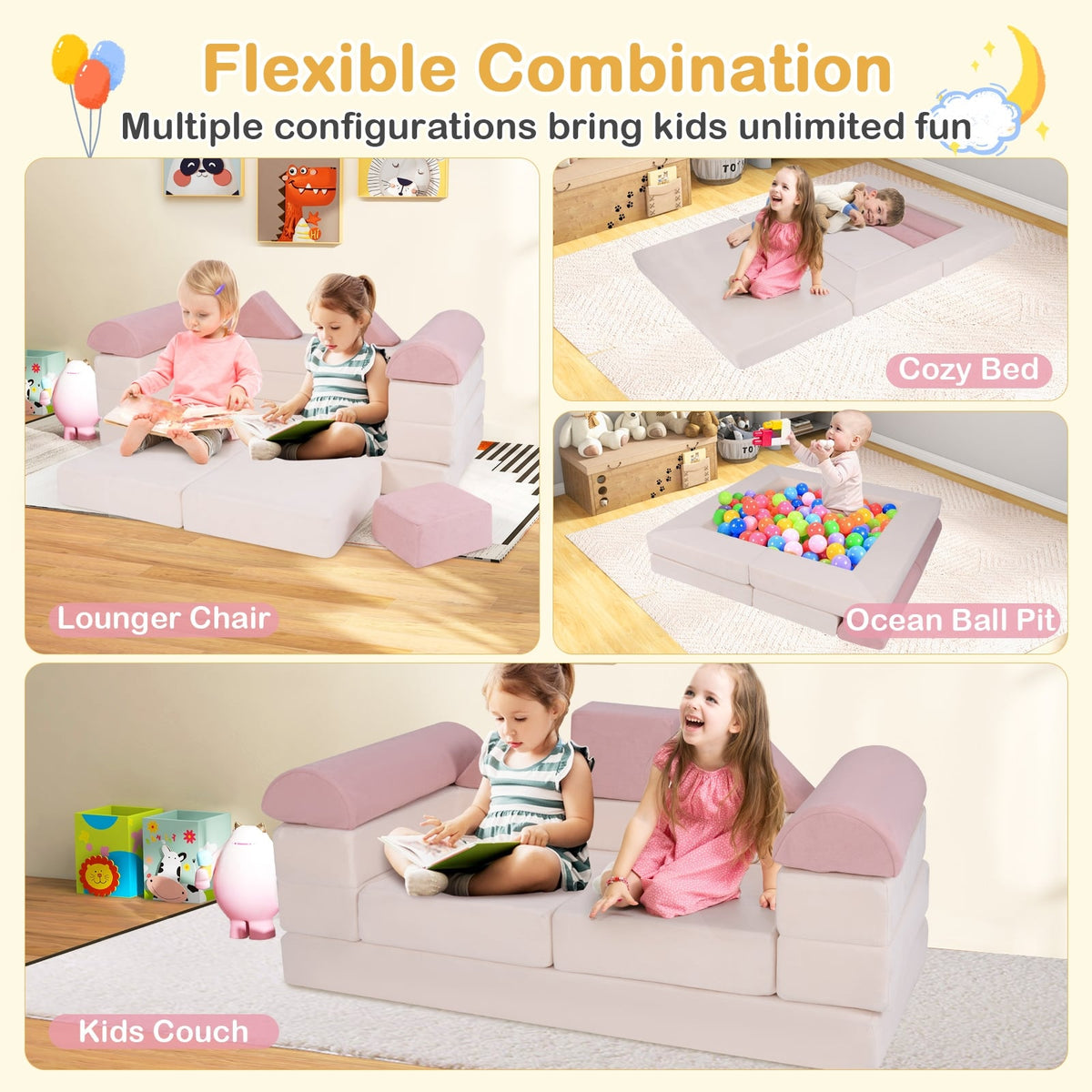 9-Piece Climb and Crawl Foam and Floor Playset with Breathable Suede Fabric-Pink-Baby Gyms & Playmats-DECOROLALA