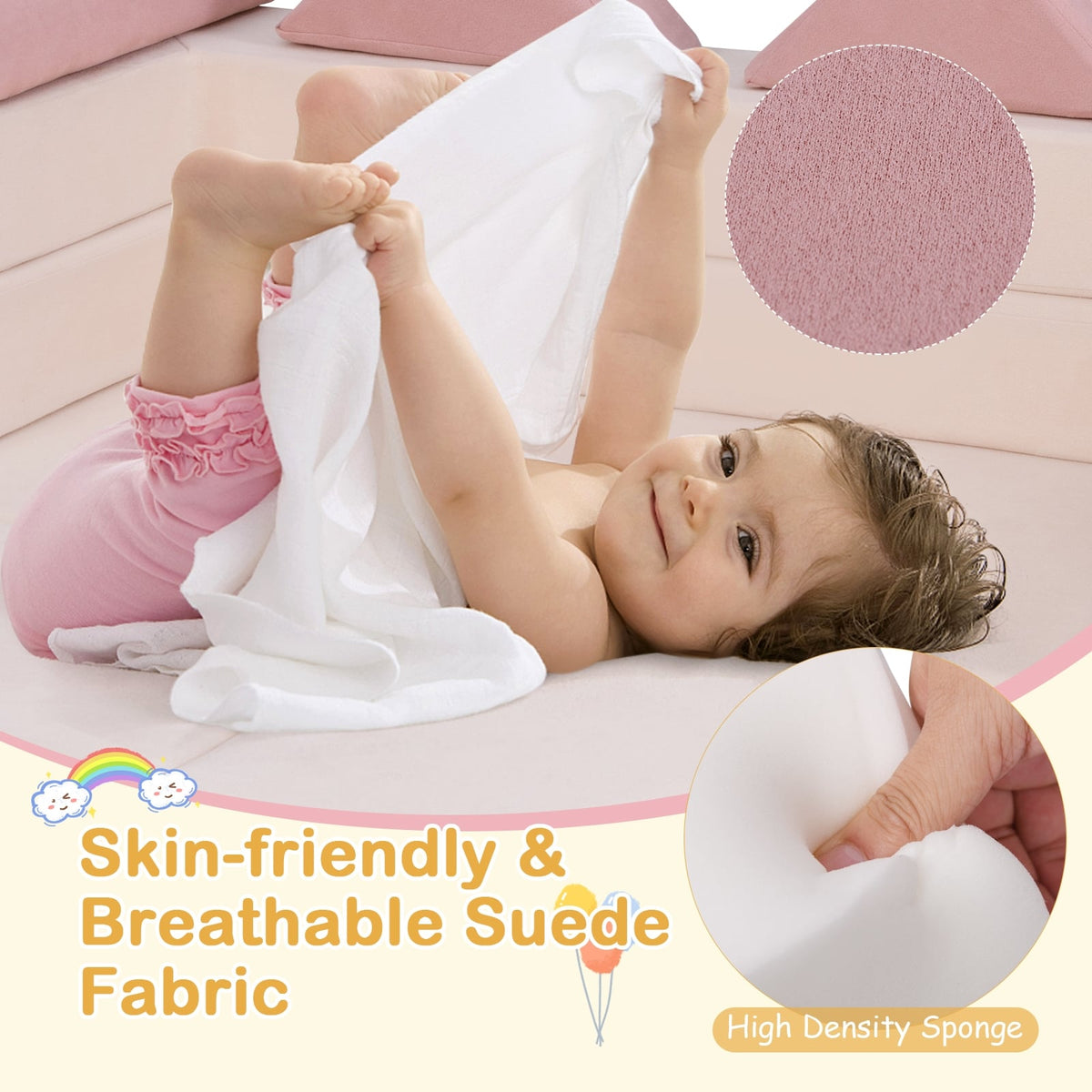 9-Piece Climb and Crawl Foam and Floor Playset with Breathable Suede Fabric-Pink-Baby Gyms & Playmats-DECOROLALA