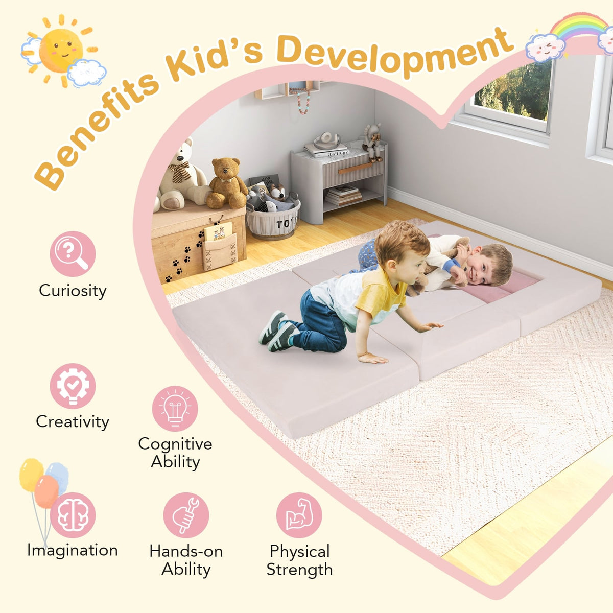 9-Piece Climb and Crawl Foam and Floor Playset with Breathable Suede Fabric-Pink-Baby Gyms & Playmats-DECOROLALA